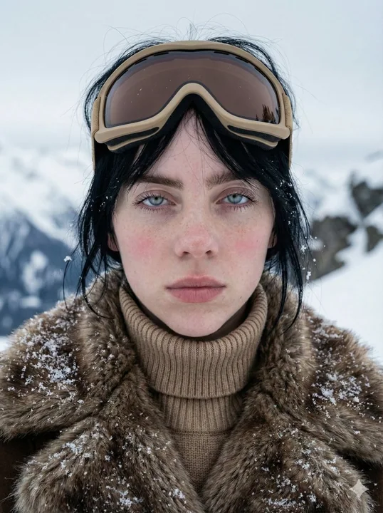 冰雪中水晶蓝眼眸的北欧少女特写