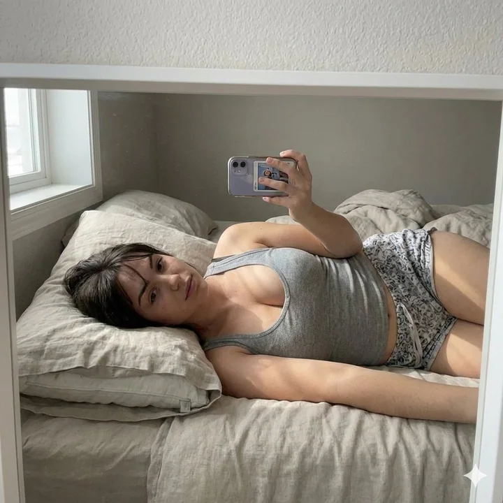慵懒晨光下的清纯少女对镜自拍