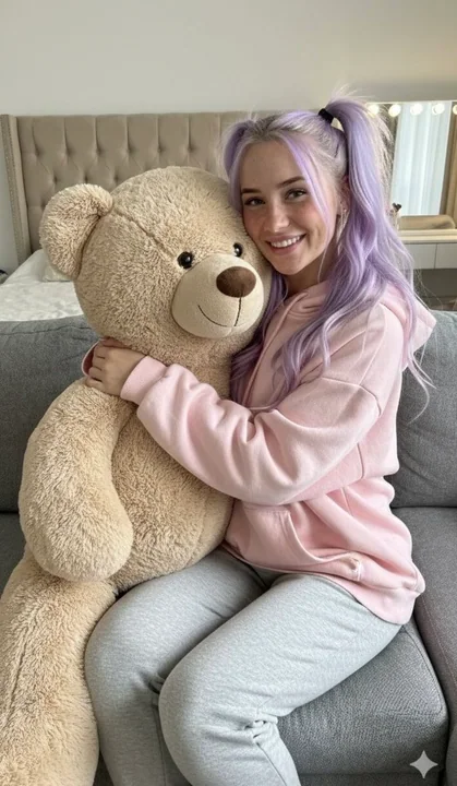 A platinum-haired freckled girl smiling while hugging a big bear in a lazy bedroom