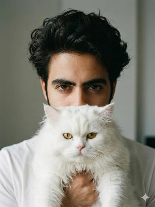 Jeune homme aux cheveux emmêlés et chat persan doux qui cache son visage