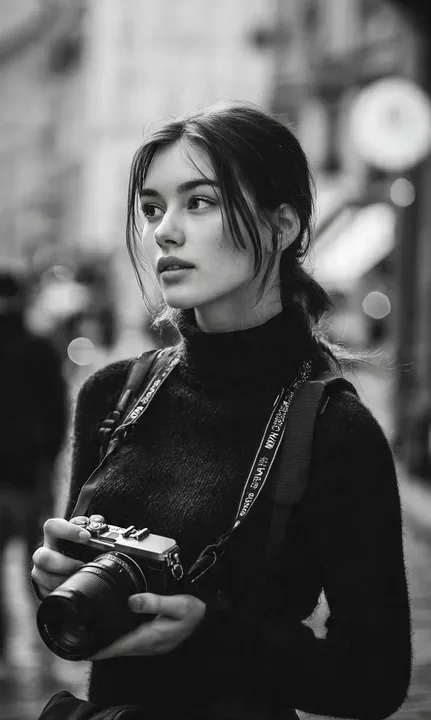 城市街头黑白电影感女摄影师肖像