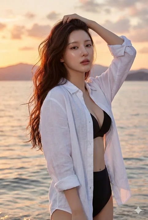 夕阳逆光下抚发的性感海边少女