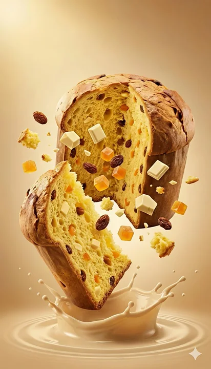 暖金光影下切片潘妮托尼与飞舞食材的动态摄影