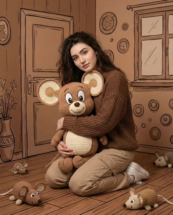 A woman is hugging a large plush mouse.