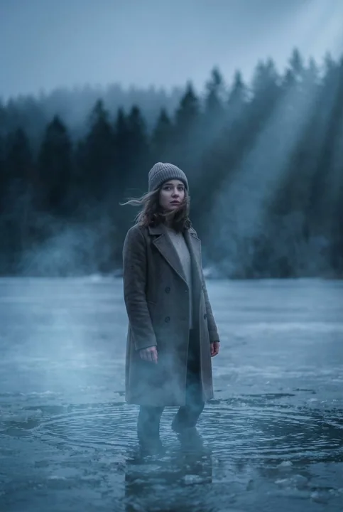 A beautiful cinematic cool-toned girl in the mist over an icy lake at dusk