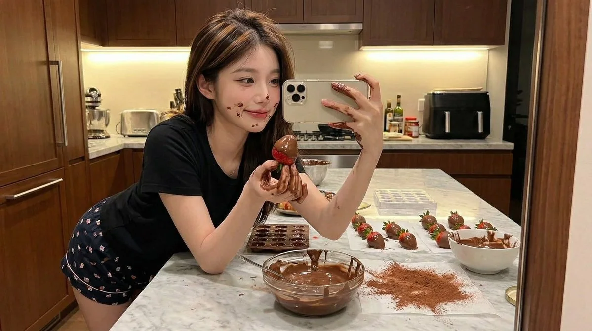 チョコレートまみれのいたずらっぽい少女、キッチンでの超写実的な自撮り