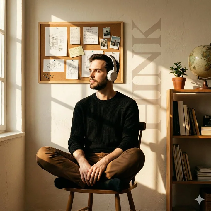 Jeune homme introspectif portant des écouteurs sous les reflets dorés