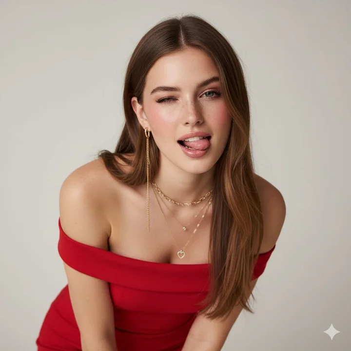 Portrait ultra-réaliste d’une jeune fille espiègle en robe rouge tirant la langue et faisant un clin d’œil