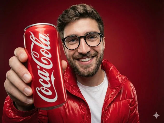 Une personne souriante tient un canette de Coca-Cola.