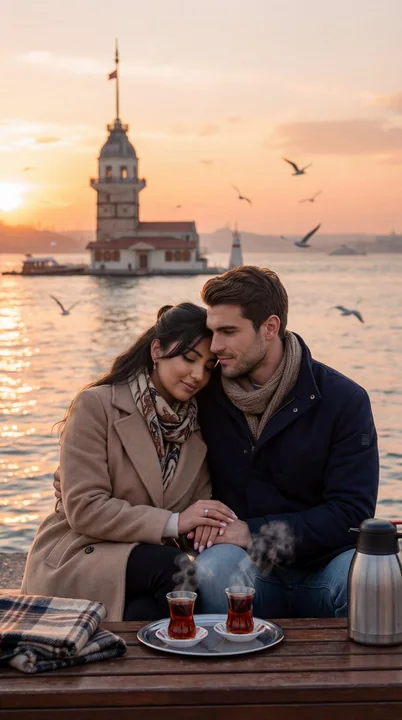 An affectionate gaze and black tea by the seaside at dusk in Istanbul