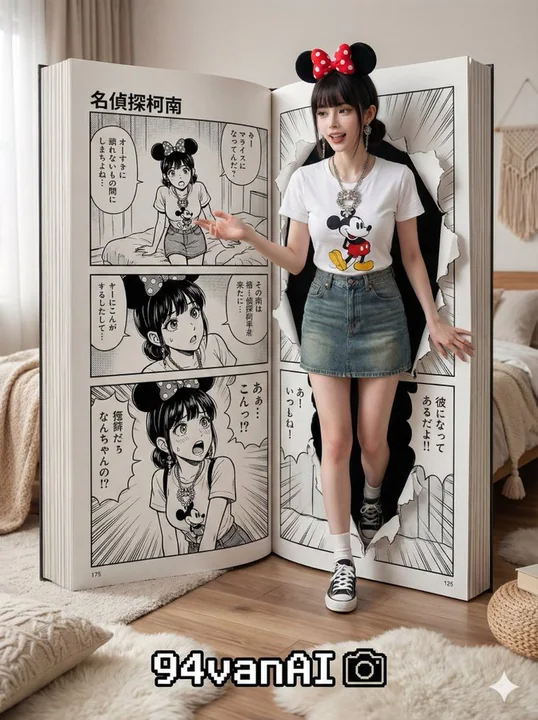 Characters from the manga step out of the picture.