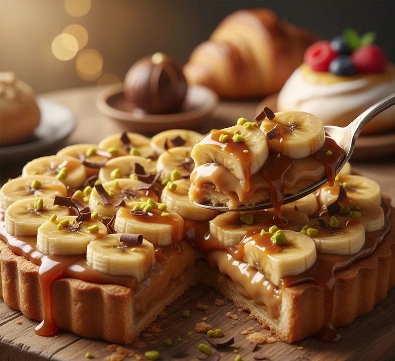 Tarte aux bananes au caramel doré, photo ultra-réaliste de texture fine