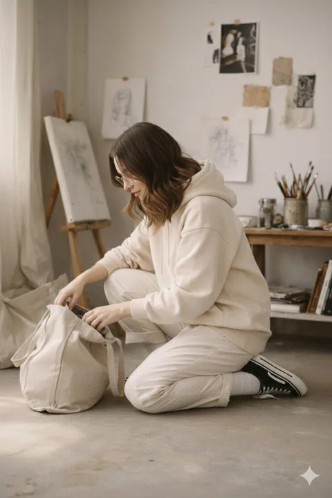 Une étudiante en art nonchalante et décontractée dans l’atelier l’après-midi