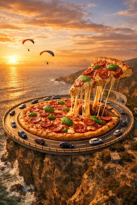 A giant pizza ring road on a cliffside coast at sunset