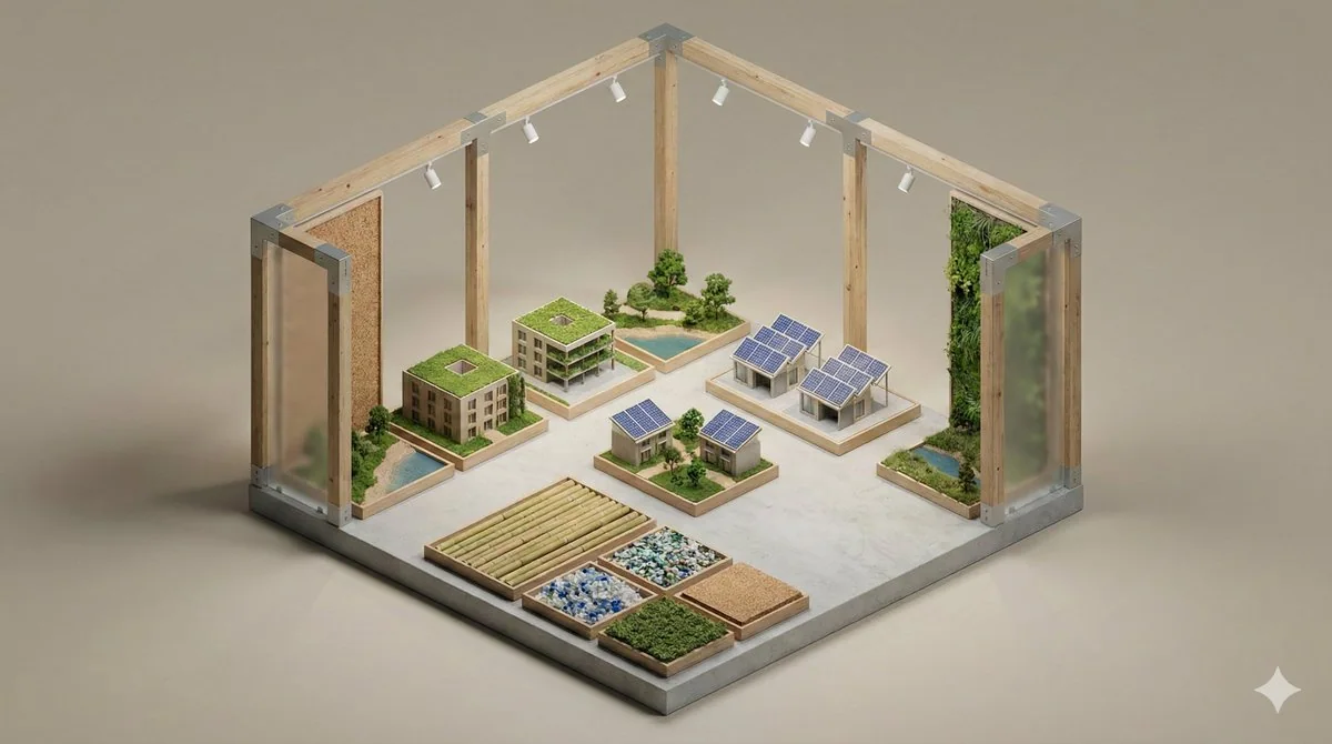 Minimalist 3D isometric miniature model of an exhibition space