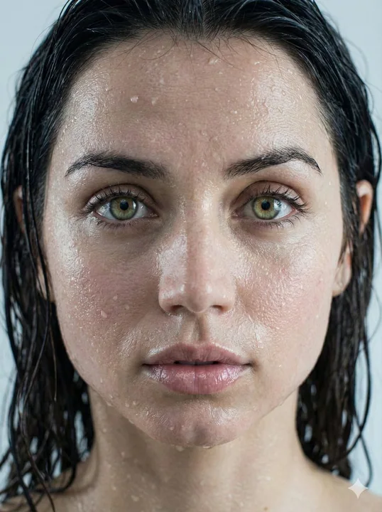 Gros plan macro d’un profil parfait, avec cheveux mouillés et sueur, d’une beauté froide et saisissante