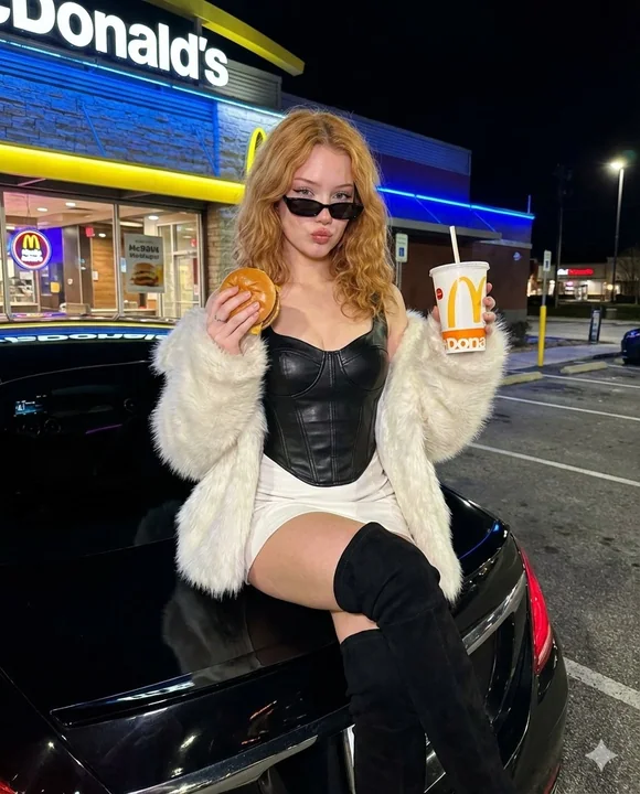 A cinematic late-night photoshoot of a fur-clad woman with a luxury car at McDonald’s