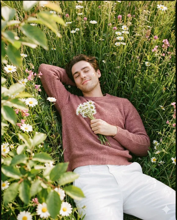 Un doux jeune homme faisant paisiblement une petite sieste, immergé dans une mer de fleurs