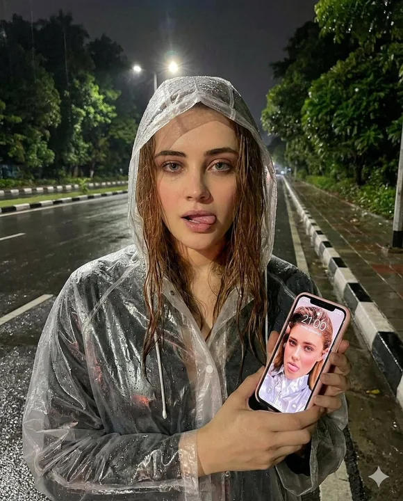 雨夜街头，俏皮少女穿着透明雨衣，手持手机的特写