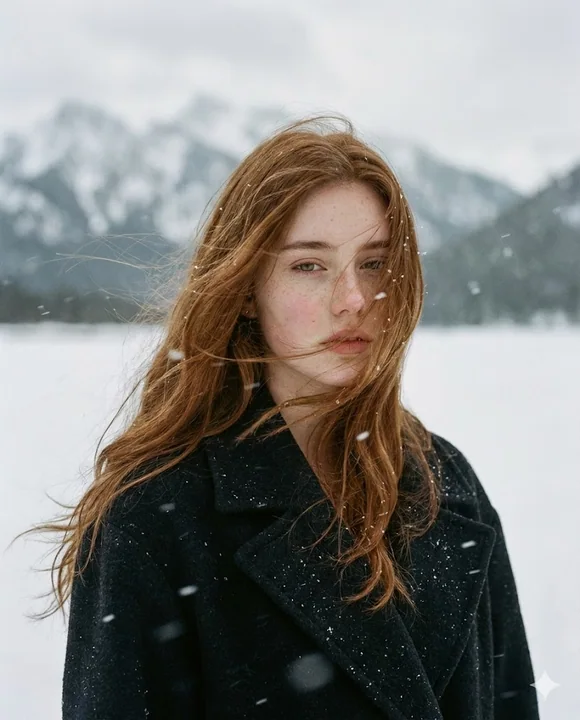 بورتريه واقعي سينمائي لفتاة ذات شعر أحمر على خلفية جبال ثلجية