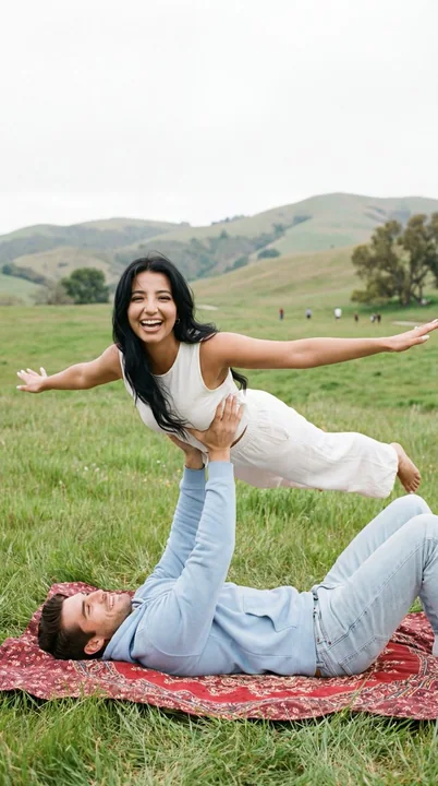 A candid shot of a romantic couples’ yoga airplane pose on a sunny grassy lawn