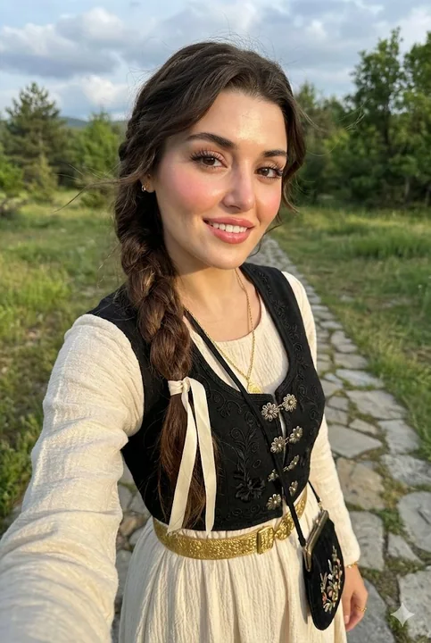Une douce jeune fille vêtue d’un gilet brodé classique sous le soleil