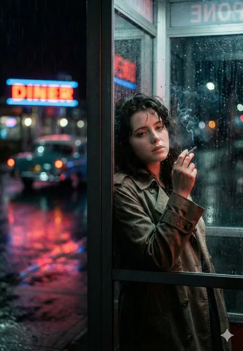 霓虹雨夜中,电话亭里的孤独女子,写实电影感人像