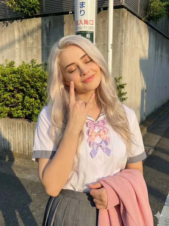 Close-up of a smiling platinum-blonde girl in a school uniform under the golden sunset.