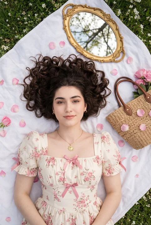 A romantic curly-haired girl in a dreamy garden, viewed from above