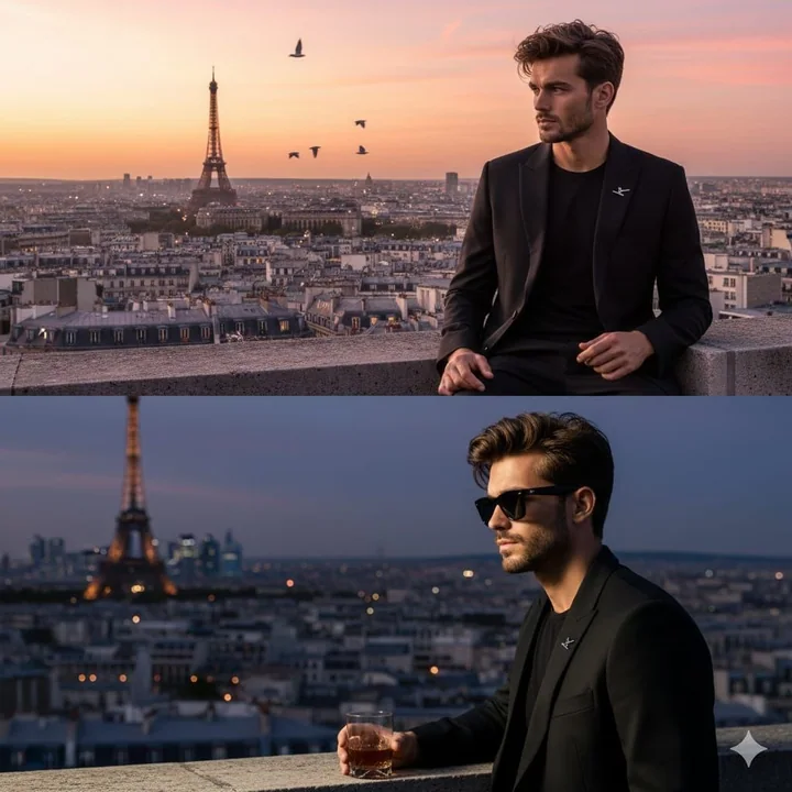 Portrait d’un gentleman élégant dans la lumière du soleil couchant à Paris