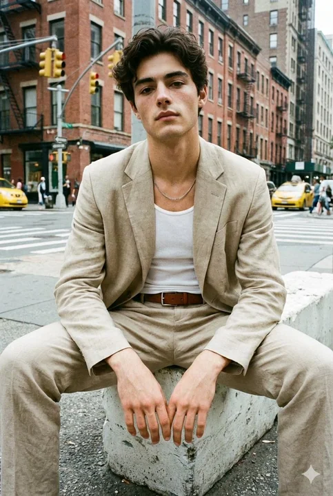 A stern businessman with a vintage film aesthetic on a New York street corner