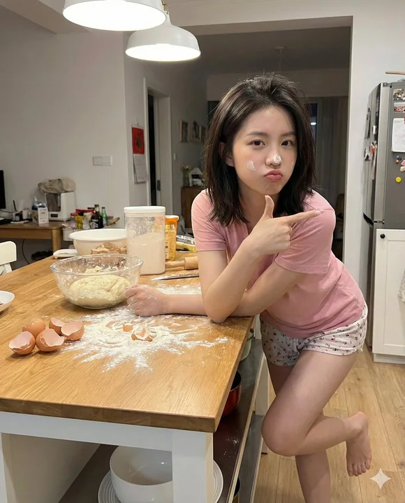 散らかったキッチンで顔中に小麦粉をつけて明るく笑う少女