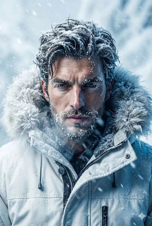 坚毅的探险家在极寒暴风雪中的电影感肖像