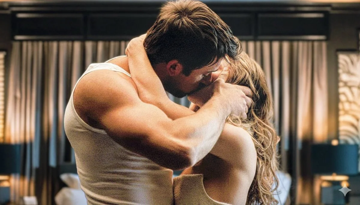 A Hollywood-style passionate kiss in a penthouse mansion