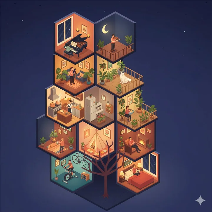 A cross-section of a glowing vertical honeycomb apartment under a starry sky