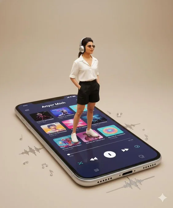 Une personne se tient sur une très grande smartphone.