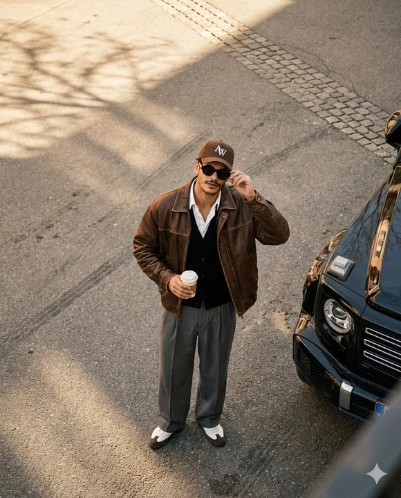 Photographie de rue à angle élevé d'un homme stylisé dans une mode rétro sous le soleil chaud de l'après-midi