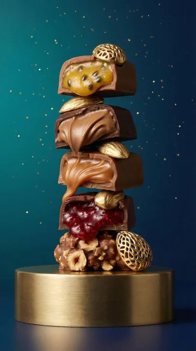 Macro shot of liquid-filled pralines loosely stacked on a brushed gold rack