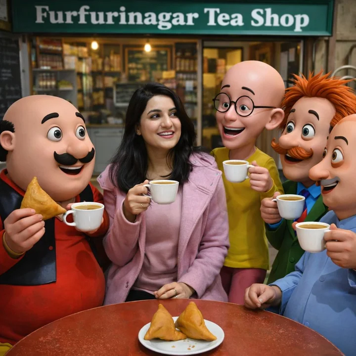 Rassemblement dans une boutique de thé : une photo d'identité ultra-réaliste avec Motu Patlu