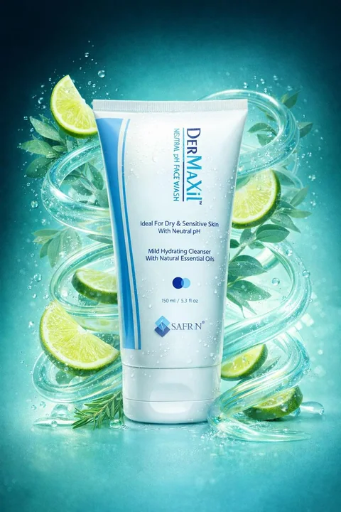 Premium facial cleanser packaging with floating ingredients, commercial product photography