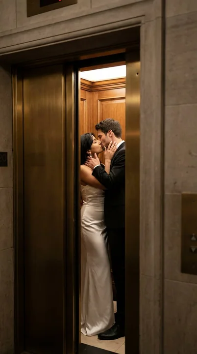 Un baiser passionné capturé à travers l’entrebâillement des portes dorées de l’ascenseur