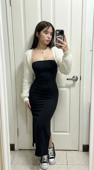 iPhone original-photo feel, ultra-wide-angle mirror outfit shot, faithfully restored