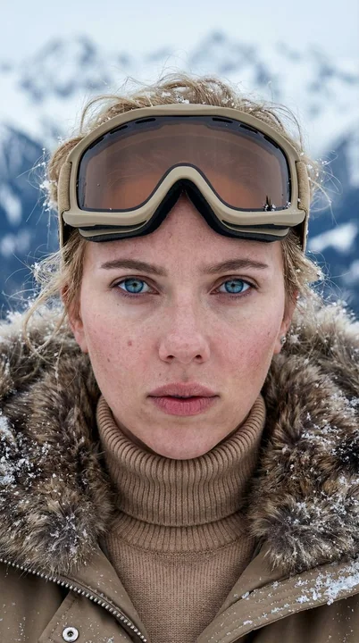 The cool, aloof gaze of a Nordic girl beneath the wintry snow-capped mountains.