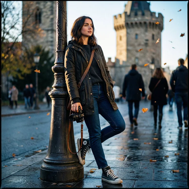A cinematic street photographer in front of an ancient tower in autumn