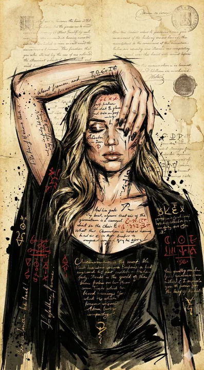 Portrait à l’encre recouvert de runes mystérieuses sur un ancien parchemin jauni
