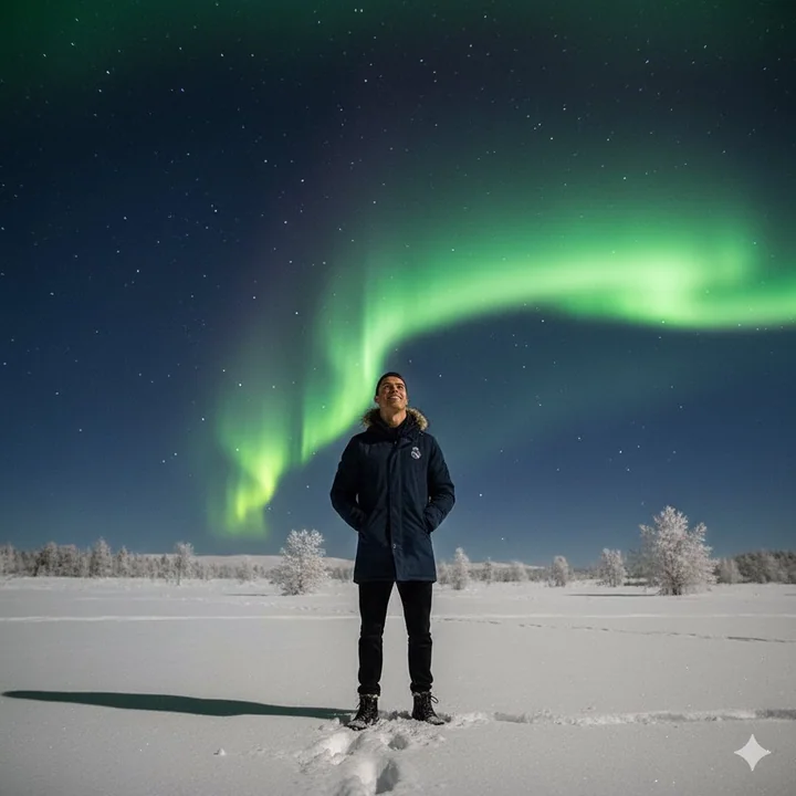 A smiling portrait of a person looking up at the stars under the beautiful aurora on a snowy landscape.