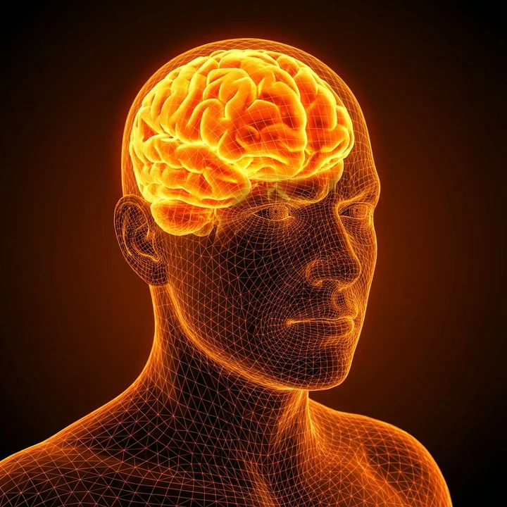 Surcharge mentale : cerveau ardent dans un maillage en cadres orange