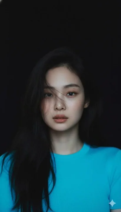 A cool, cinematic portrait under the dark night's neon blue tones