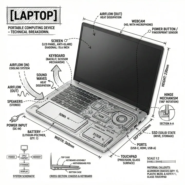 Exploded view of the internal structure of a laptop in a black-and-white minimalist line style