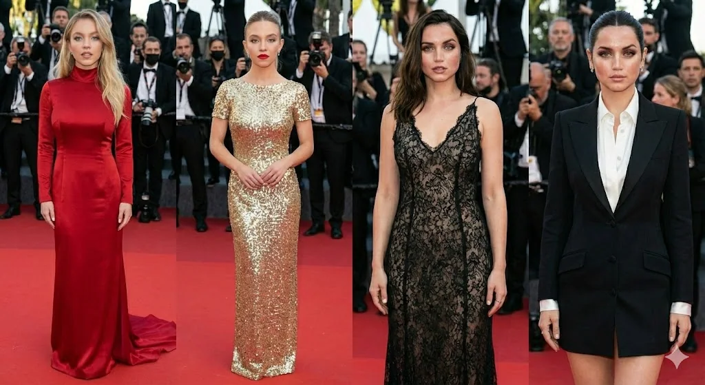 Défilé de somptueuses robes en quadrillage de quatre photos des deux stars sur le tapis rouge de Cannes